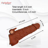 Dimensions of Kaamastra penis sleeve – 6.5 inches total length, 5 inches insertable